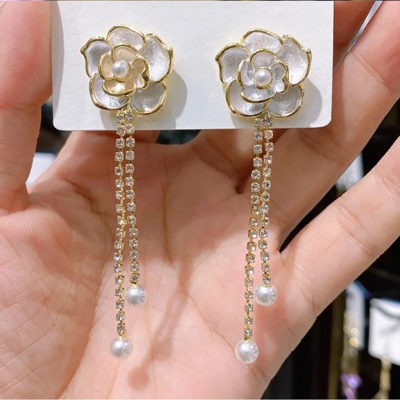 Jewelry - White Camellia Flower Pearl Beads Rhinestones Tassel Bridal, Wedding Earrings